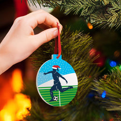 Soccer Round Ceramic Ornament - Girl Silhouette with Santa Hat
