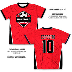 Red soccer custom tee with branding and customization options on a white background
