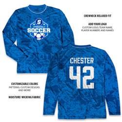 Blue custom soccer long sleeve tee with 'Springfield Soccer' logo and 'CHESTER 42' on a white background