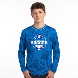 Person wearing a blue custom long-sleeve shirt with 'Springfield Soccer' print on a white background