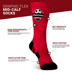 Red graphic flex mid-calf sock with features highlighted on a white background