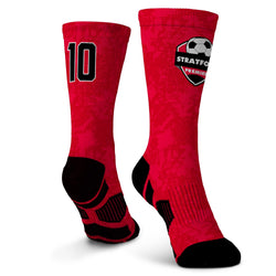 Red socks with black accents featuring a logo and number on a white background