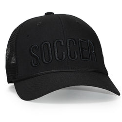 Black cap with 'SOCCER' text on a white background