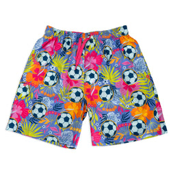 Colorful swim shorts with soccer ball and floral pattern on a white background