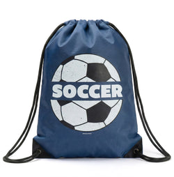 Blue drawstring bag with soccer ball graphic and 'SOCCER' text on a white background