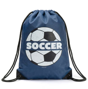 Blue drawstring bag with soccer ball graphic and 'SOCCER' text on a white background