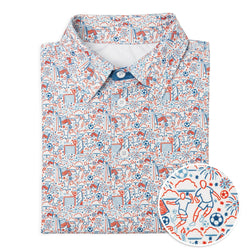 Folded polo shirt with a colorful soccer pattern on a white background