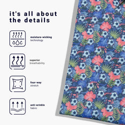 Polo with floral and soccer ball pattern on a white background with feature icons.