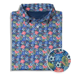 Folded polo shirt with a colorful pattern of flowers and soccer balls.