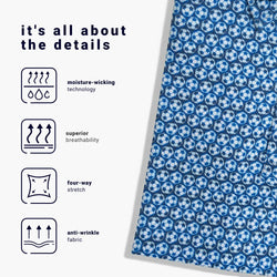 Fabric with soccer ball pattern and text about fabric features on a white background