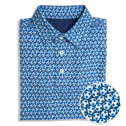 Blue polo shirt with soccer ball pattern on a white background