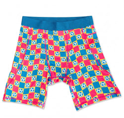 Flat lay of soccer themed compression shorts with checkered design