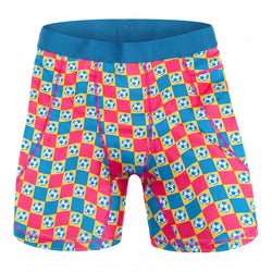 Colorful checkered shorts with soccer ball pattern on a white background