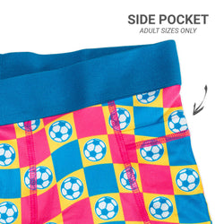 Colorful shorts with soccer ball pattern and blue side pocket on a white background