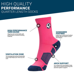 A single crew-length athletic sock in bright pink with navy blue accents on the heel, toe, and sole, featuring a small soccer ball graphic on the upper cuff.