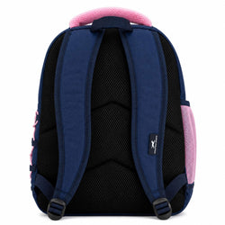 The back view of a kids' backpack in navy blue and pink, featuring a black mesh back panel, padded shoulder straps, and a pink mesh side pocket.
