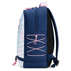 A navy blue school backpack with a light blue and white patterned side panel, pink laces, and a pink top handle, shown from the back on a white background.