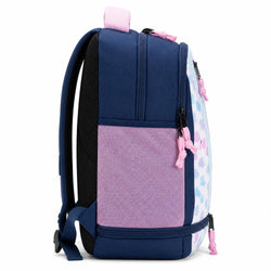 A school backpack in navy blue with a large lavender mesh front pocket, a white side panel with light blue soccer ball pattern, and pink zipper pulls, shown against a plain white background.