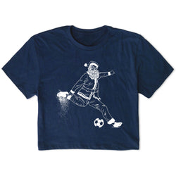 Navy blue t-shirt with a white graphic of Santa Claus playing soccer on a white background