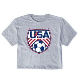 Gray t-shirt with USA soccer logo on a white background