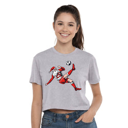 Person wearing a gray t-shirt with a graphic of Santa Claus playing soccer on a white background