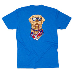 Blue t-shirt with a soccer dog graphic on the back against a white background