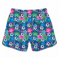 Shorts with soccer ball and floral pattern on a white background