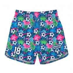 Colorful shorts with soccer ball and floral pattern on a white background