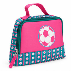 A pink and teal soccer-themed accessory bag with a top handle, featuring a large soccer ball graphic on the front and a patterned lower section, shown on a white background.