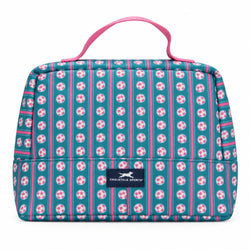 An accessory bag by ChalkTalk Sports featuring a teal background with pink and white vertical stripes and a repeating soccer pattern. It has a pink top handle and a navy brand label on the back.