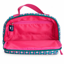 A pink and teal patterned accessory bag shown open against a white background, featuring a bright pink interior, a top handle, and a zippered compartment.