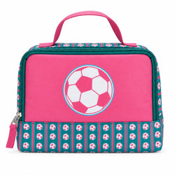 A pink and teal accessory bag with a soccer ball graphic on the front, featuring a top handle, zipper closure, and a patterned lower panel.
