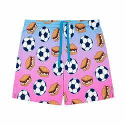 A pair of shorts featuring a vibrant pink and blue gradient background with a repeating pattern of soccer balls and graham cracker s'mores, complete with a bright blue drawstring.