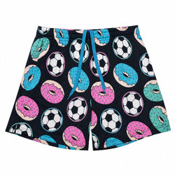 Black athletic shorts featuring a colorful pattern of pink, teal, and white donuts with soccer balls, complete with a bright blue drawstring.