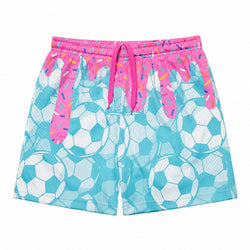 A pair of shorts featuring a soccer ball pattern in light blue and white, with a bright pink waistband and dripping pink graphic detail on the sides.