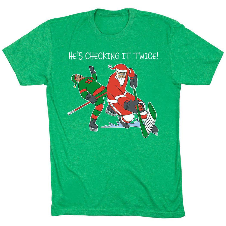 Hockey Short Sleeve T-Shirt - He's Checking It Twice [Green/Adult X-Large] - SS