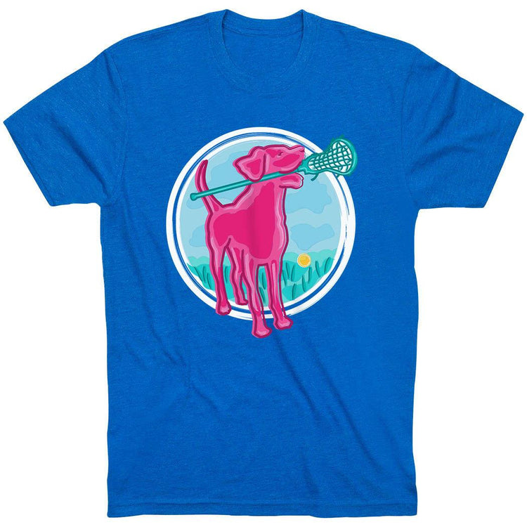 Girls Lacrosse Short Sleeve T-Shirt - Lacrosse Dog with Girl Stick [Royal/Adult X-Large] - SS
