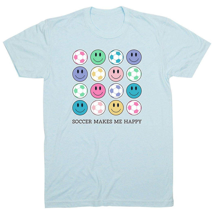 Soccer Short Sleeve T-Shirt - Soccer Makes Me Happy [Light Blue/Youth Large] - SS
