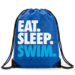 Blue drawstring bag with 'EAT. SLEEP. SWIM.' text on a white background