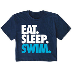 Navy blue t-shirt with 'Eat. Sleep. Swim.' text in white and blue on a white background