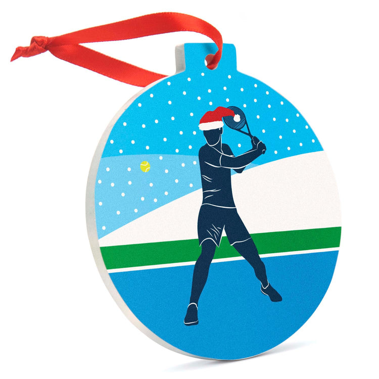 Tennis Round Ceramic Ornament - Guy Silhouette with Santa Hat