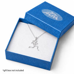 A silver running-athlete pendant necklace displayed inside an open textured blue gift box with a white insert. The box lid has a translucent oval logo reading 'GONE FOR A RUN'.