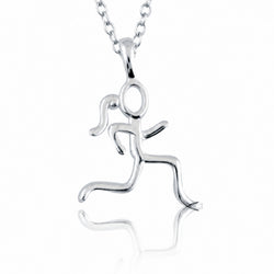 A silver pendant necklace featuring a minimalist, stylized running figure on a matching chain, shown against a white background with a soft reflection below.