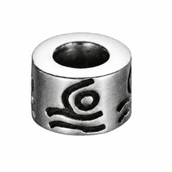 A silver cylindrical bead charm with a central hole and engraved black symbols, shown on a plain white background.
