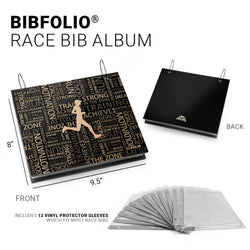 BIBFOLIO race bib album with front and back views, including 12 vinyl protector sleeves.