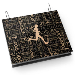 Bibfolio bib album with running-themed design and text on a white background