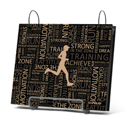 Bibfolio bib album with running-themed text and silhouette of a runner on a white background