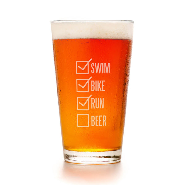 Swim Bike Run Checklist Beer Pint Glass Engraved Beer Glass