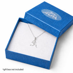 A silver necklace with a running man silhouette pendant displayed inside an open blue gift box with white insert. The box lid has a translucent oval logo reading 'Gone For A Run'.