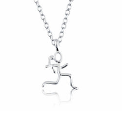 A silver chain necklace with a minimalist running figure pendant, shown against a clean white background with a soft reflection below.